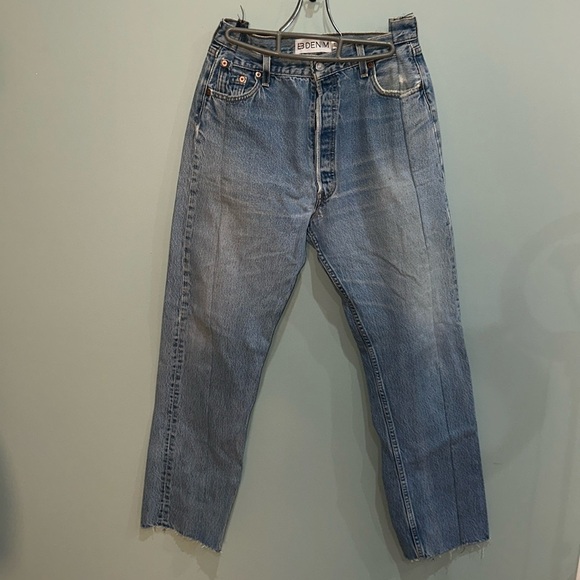 EB Denim Light Wash Button Fly Distressed Raw Hem Straight Leg Jeans - Picture 1 of 8